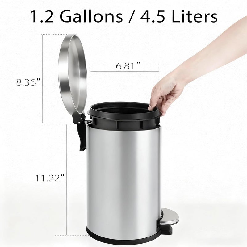 TIPGO Small Trash Can with Lid Soft Close, 4.5 Liters / 1.2 Gallon Bathroom Garbage Can, Mini Step Trash Bin, Stainless Steel Wastebasket for Bathroom, Bedroom, Office (Silver) - Image 5